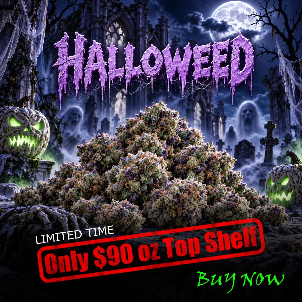 Halloweed — limited time, only $90 an ounce of top shelf GSC. Buy now.
